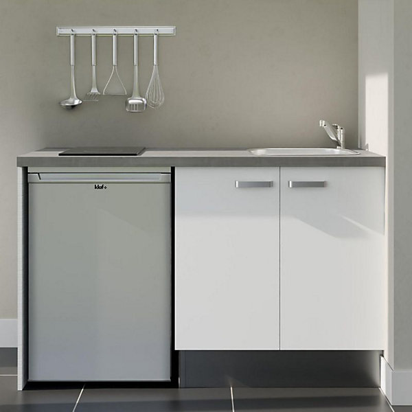 Kitchenette K17 façades Blanc - Plan de travail Gris béton - Crédences : Non - Evier inox - Electroménager Inox inclus