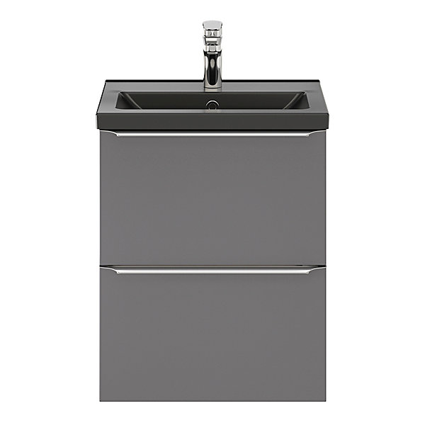 Meuble vasque suspendu faible profondeur gris brillant l.50 cm Imandra   plan vasque noir céramique Nira, GoodHome