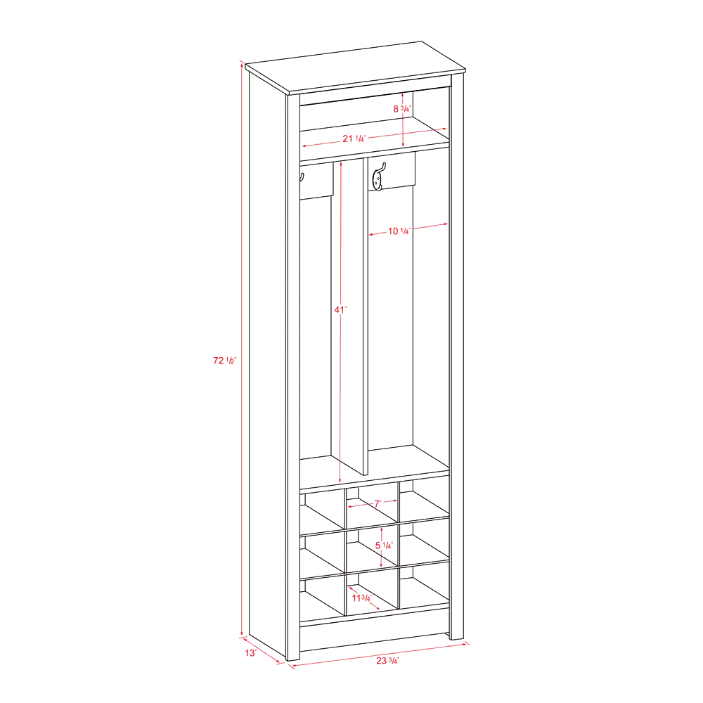 Prepac 2-Hook Entryway Coat Rack/Hall Cabinet With Shoe Cubby Storage Shelves, Black