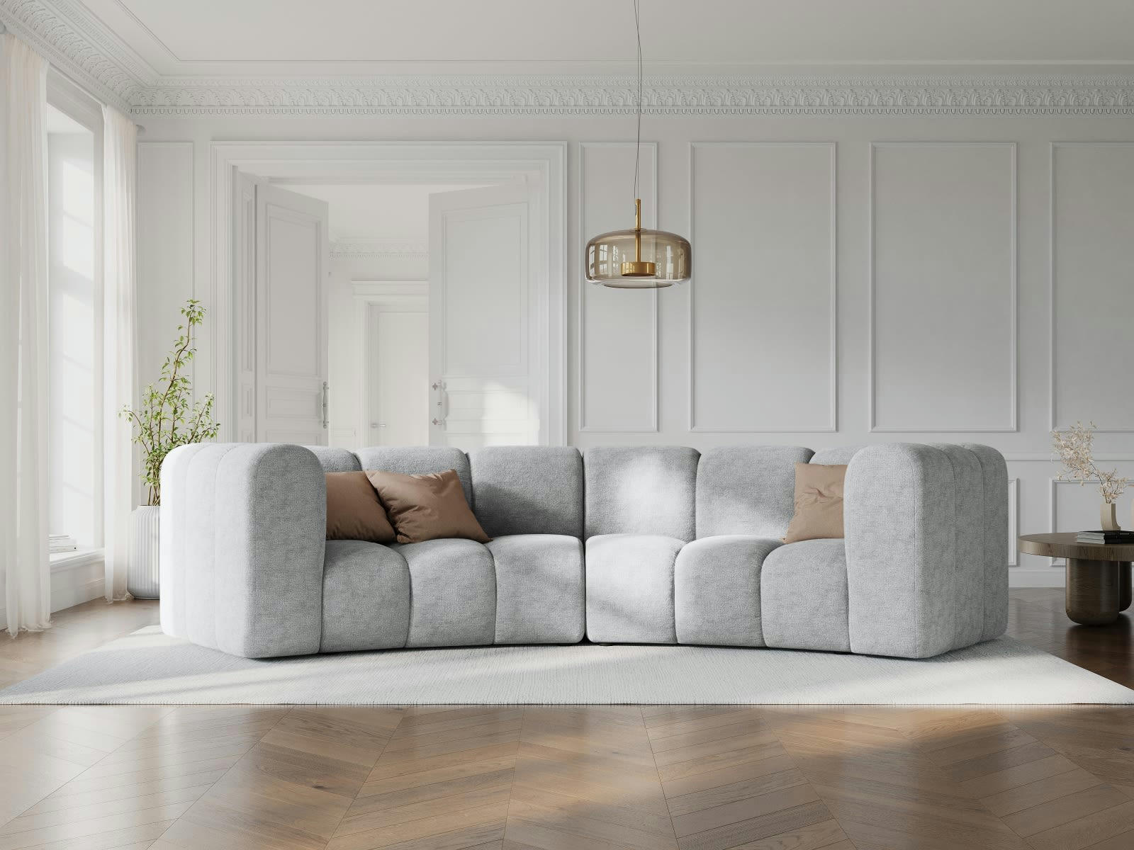 LUPINE - Canapé arrondi 3 places en tissu chenille gris clair