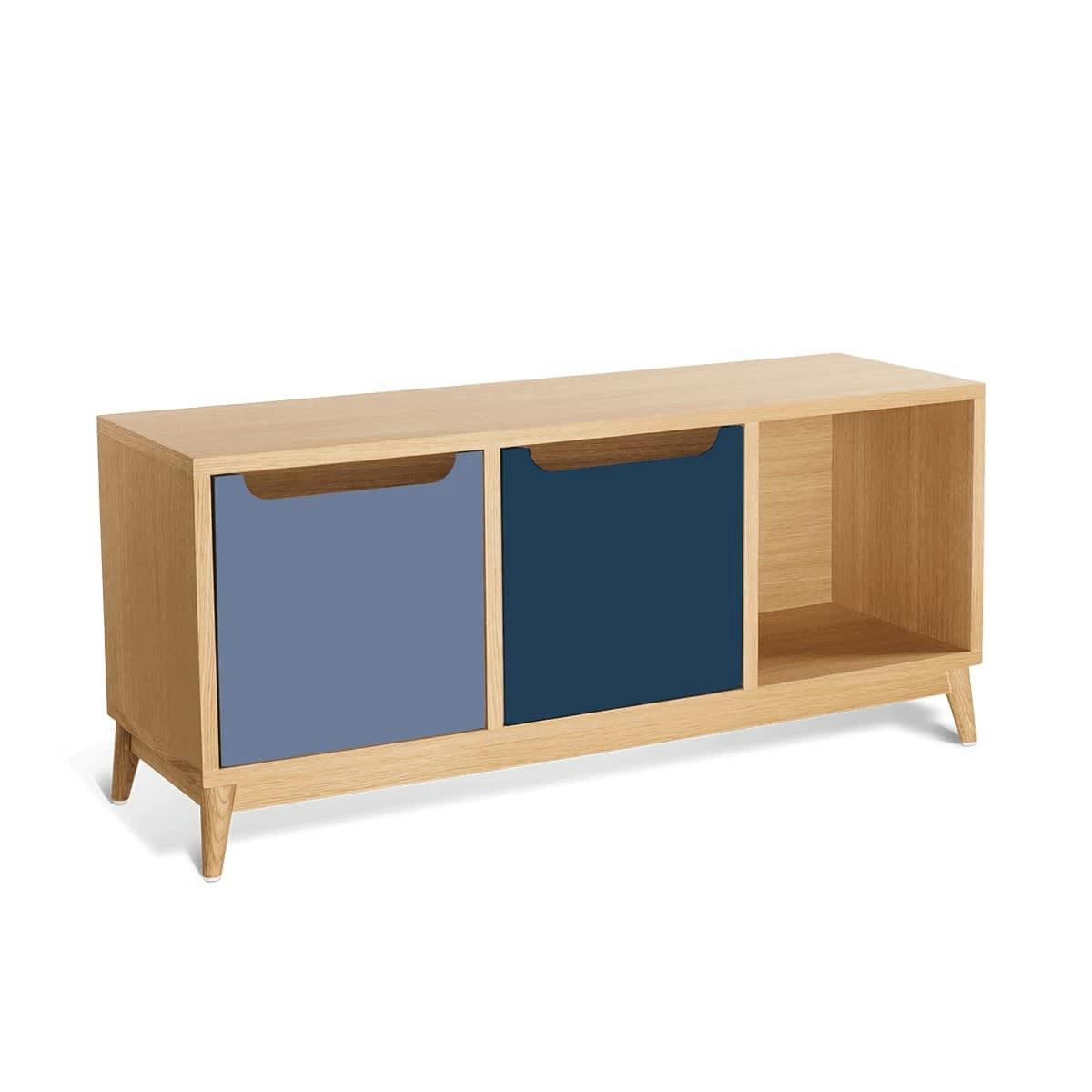 KILT - Meuble bas, 2 portes, 1 niche de rangement, chêne et bicolore bleu.