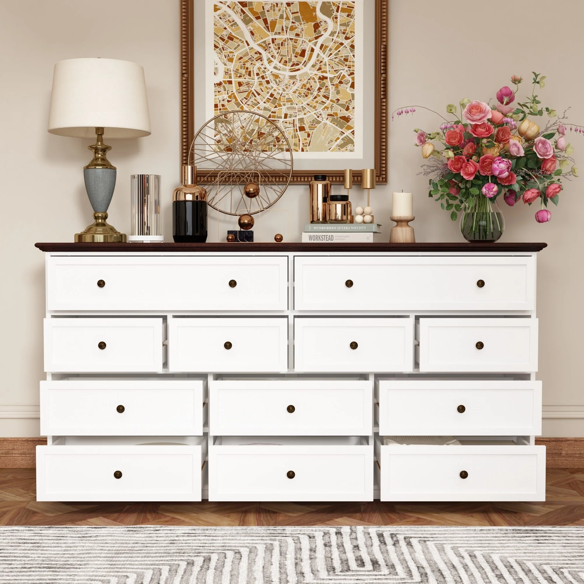 Chic Brown and White Dresser with Ample Storage Space Side Table