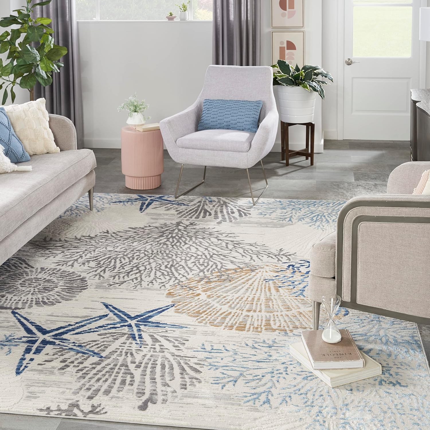 Nourison Home Pompeii Ivory Grey Blue 7'10 x 9'10 Area Rug - Easy Clean, Non Shedding, Bed Room, Living Room, Dining Room, Kitchen (8' x 10')