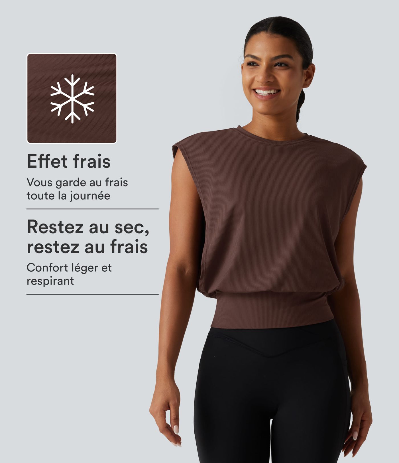 Haut de sport yoga en maille côtelée effet frais InstantCool à encolure arrondie et mancherons