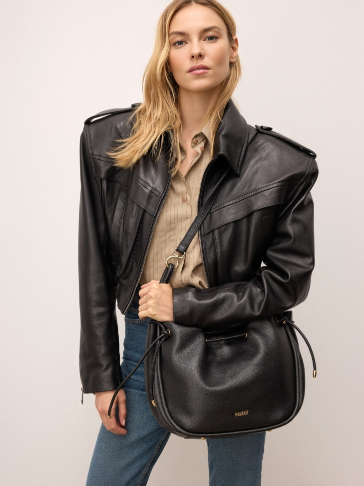 Black natural leather bag with strap