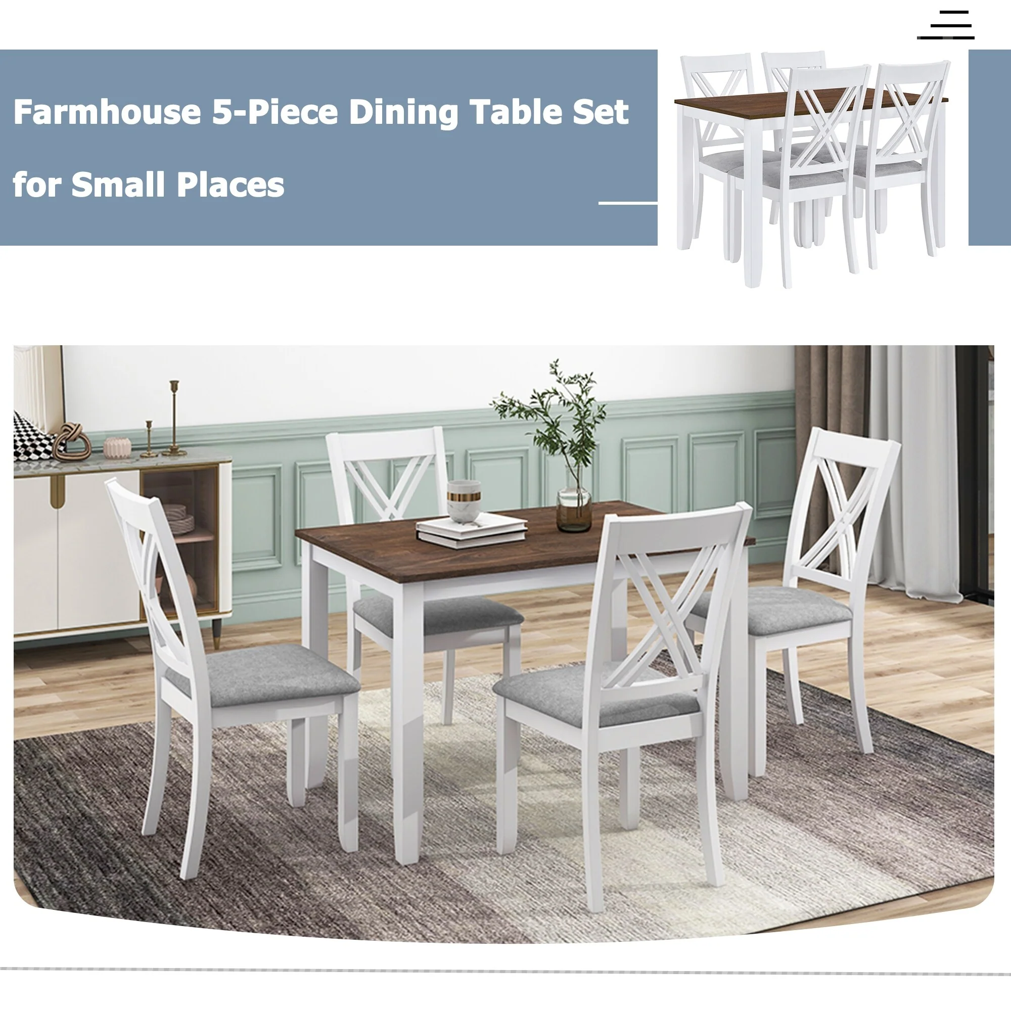 White 5-Piece Wooden Dining Table Set with 4 X-Back Chairs