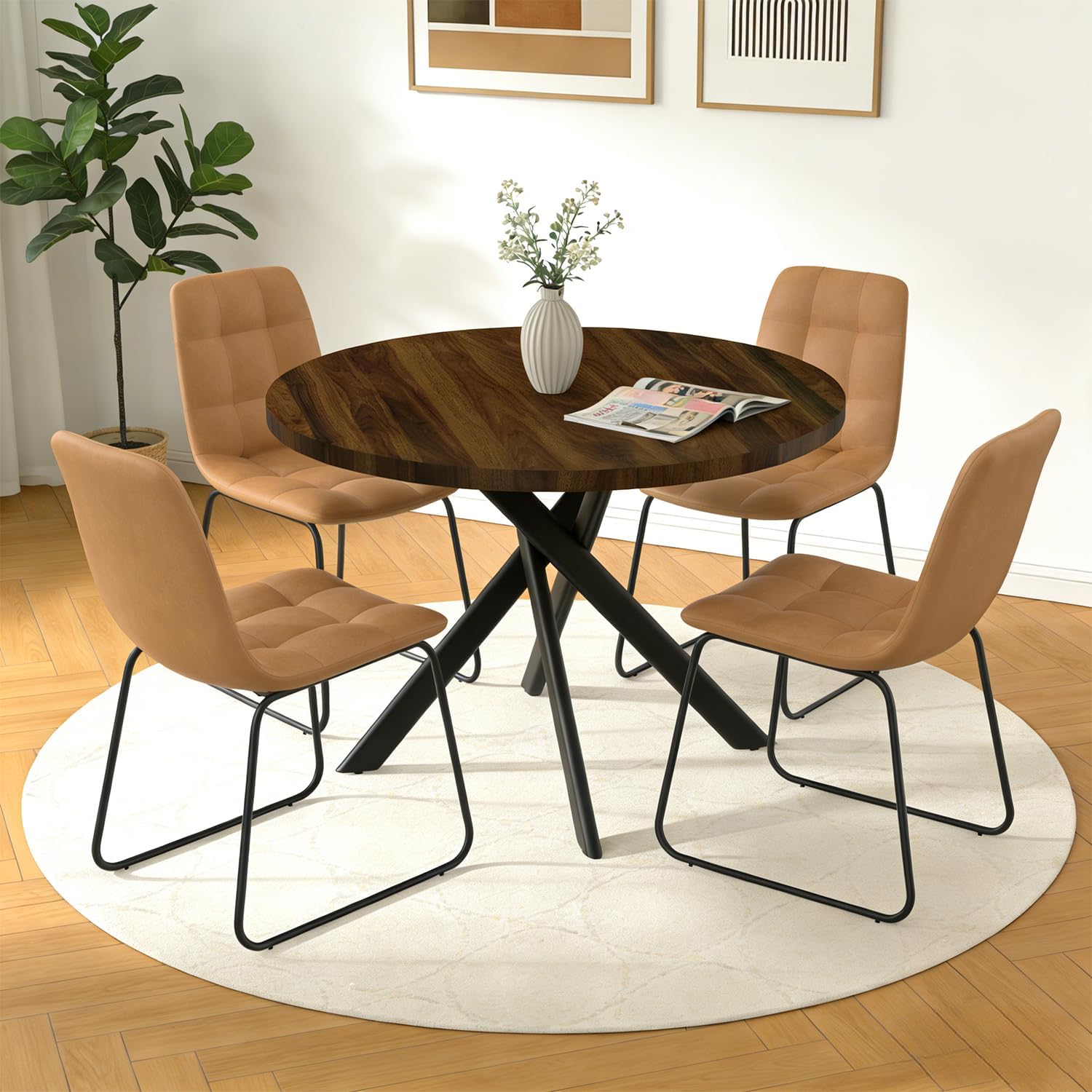 44 Round Dining Table with Cozy Chair Set for 4, Modern Mid-Century Dining Table Set of 4, Dinette Sets with Metal Leg for Kitchen Dining Room Apartment(Walnut Table + Brown Chairs)