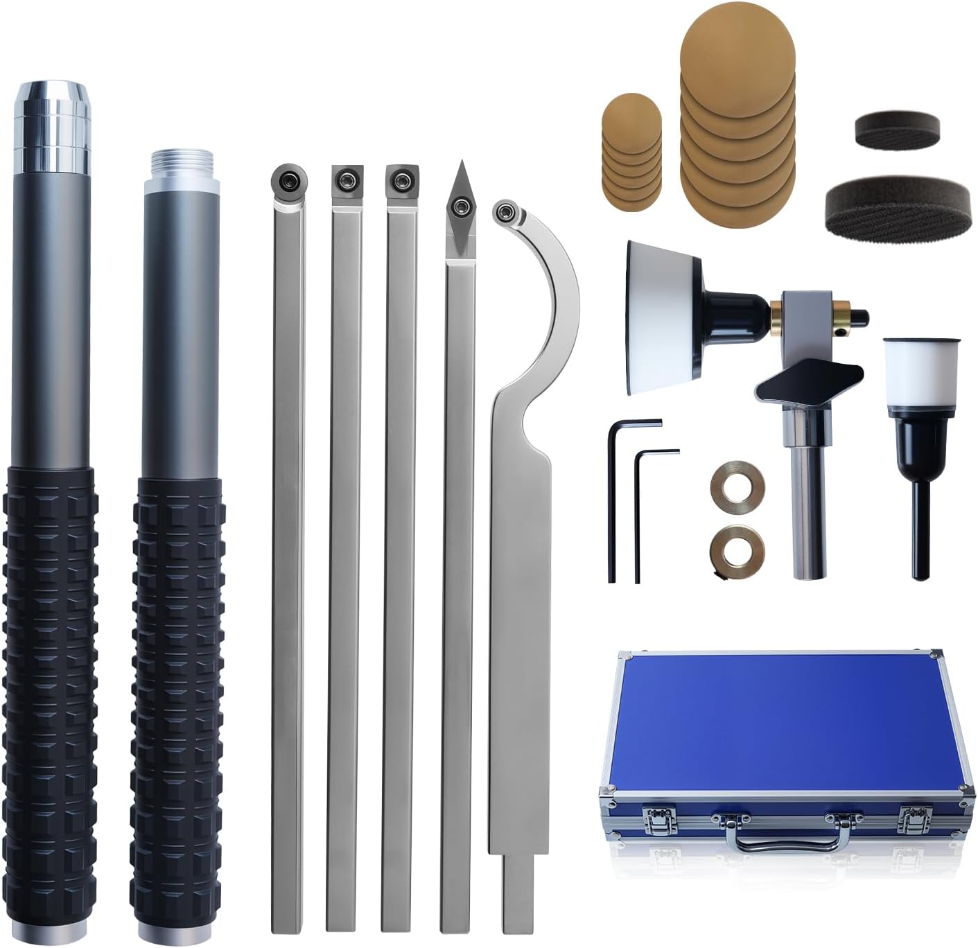 RUITOOL Carbide Wood Lathe Turning Tools Set with Bowl Sander, Including Swan Neck Hollower, Rougher, Finisher, Detailer, 1 & 2 Mandrels, Sandpapers and Aluminum Alloy Handles for Woodturning