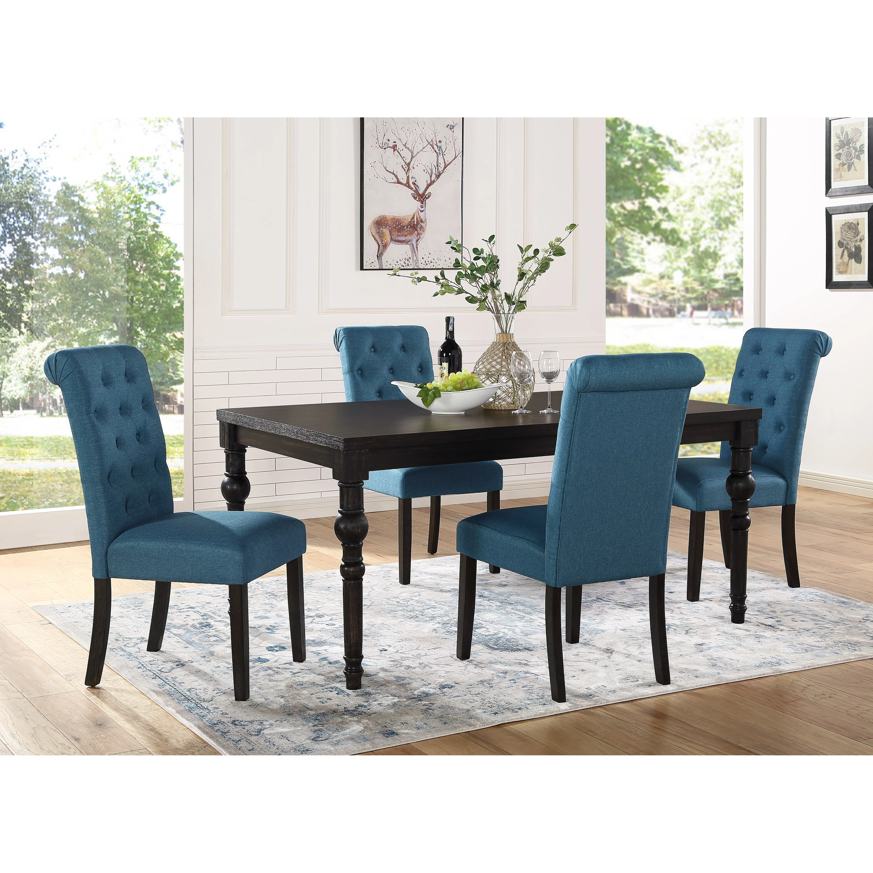 5 Piece Wood Wash Turned Leg Dining Set with 4 High Back Tufted Chairs, Decorative Kitchen & Dining Furniture