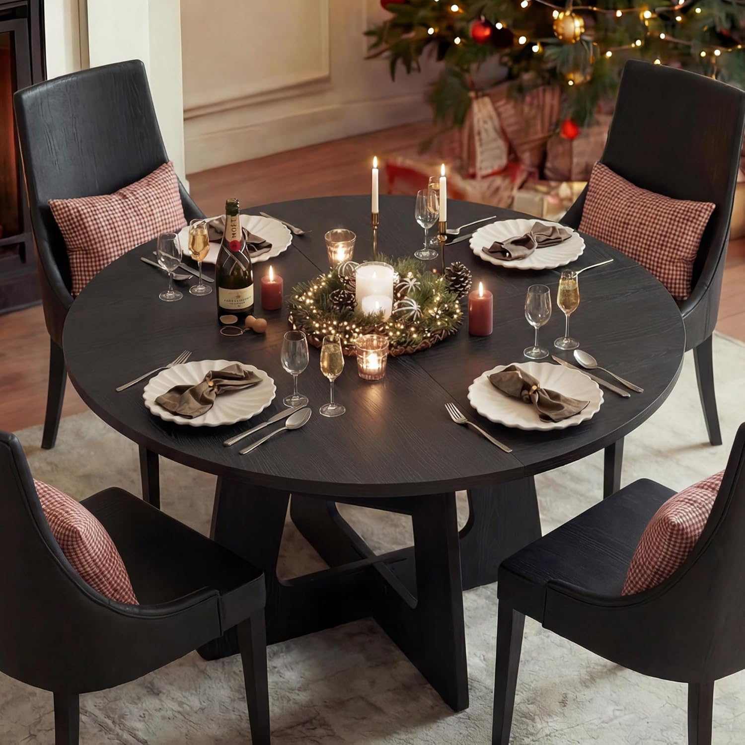 Round Dining Table for 4-6, 47 Kitchen Table for Dining Room, Modern Black Dining Table, Circle Kitchen Table for Living Room, Apartment