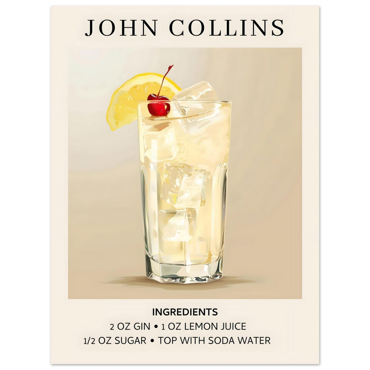Artfulprints Poster John Collins cocktail - Ingrediënten  - 30x40 cm - Taupe