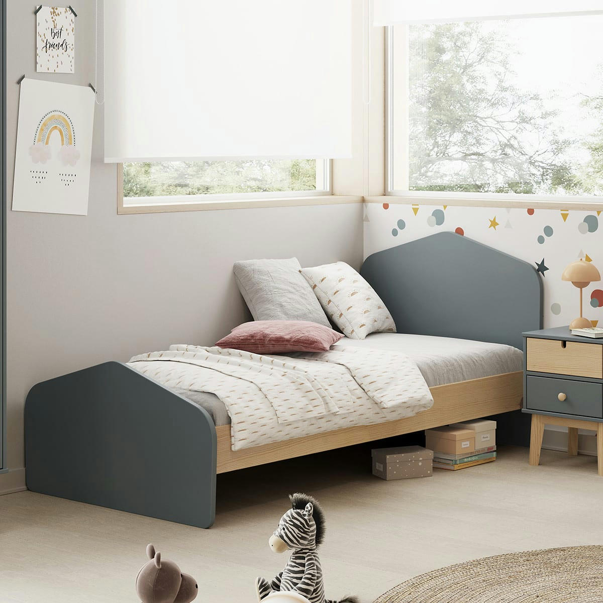 LUCY - Lit enfant 90x190 blanc / vert kaki