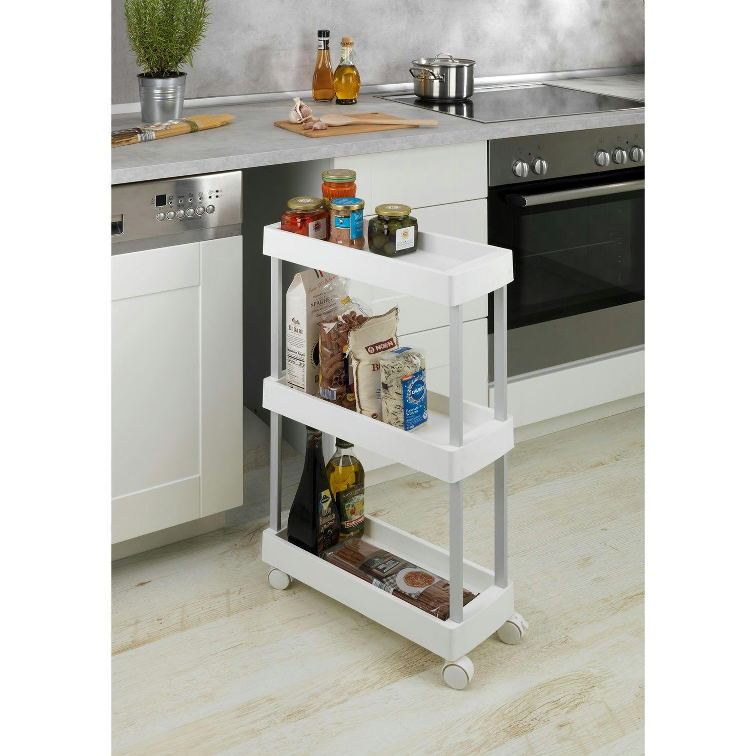 - Desserte 4 roulettes avec 3 étages de rangement blanc