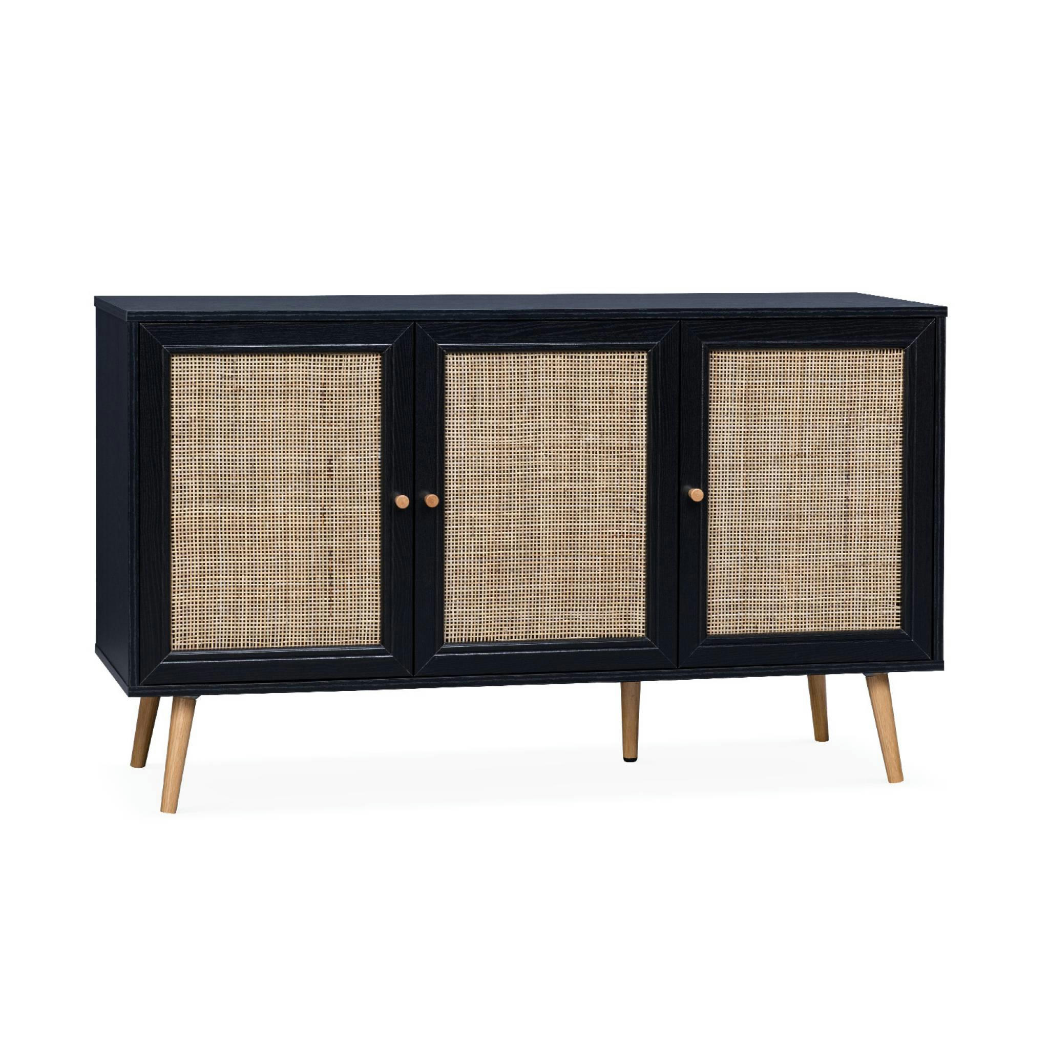 BOHÈME - Buffet de rangement cannage, noir - 120x39x70cm