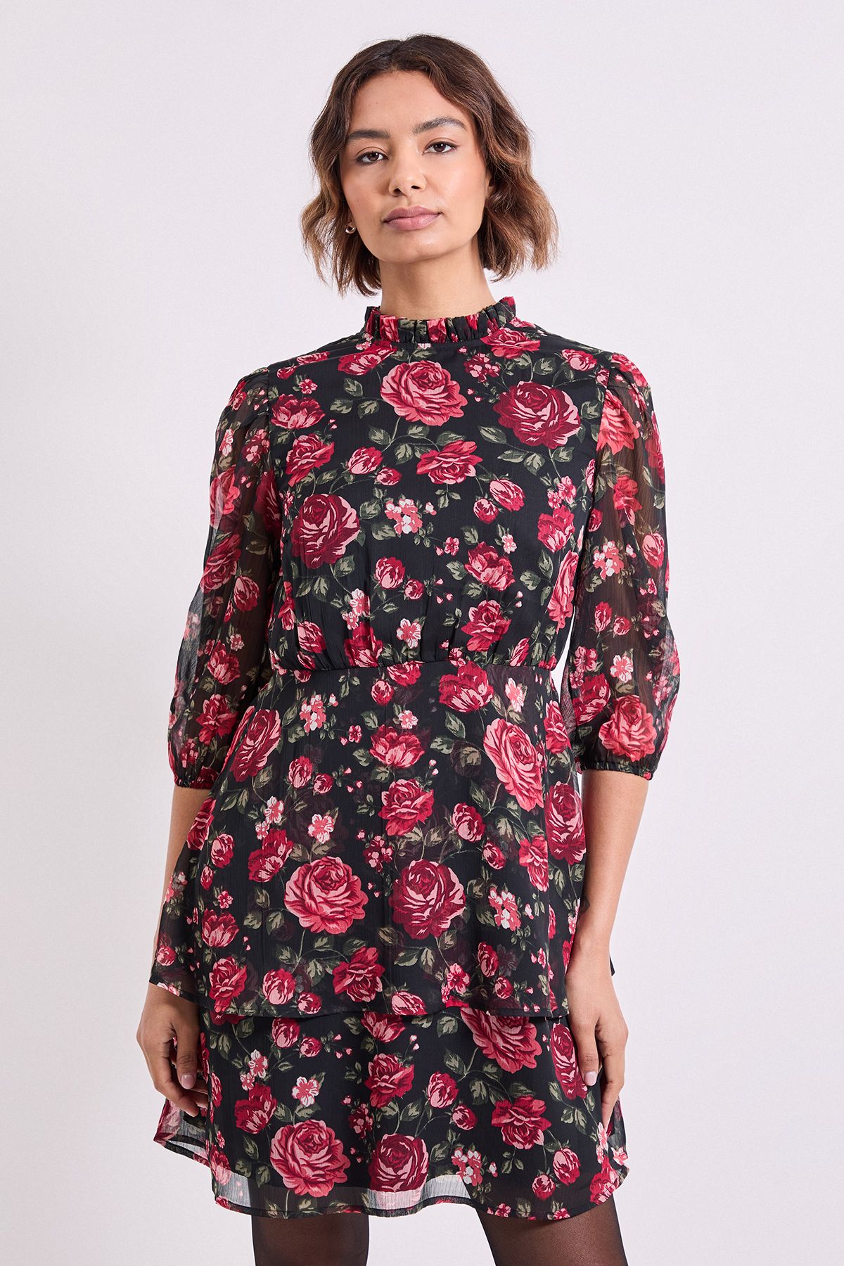 Dorothy Perkins Floral Frill Neck Tiered Skirt Printed Mini Dress
