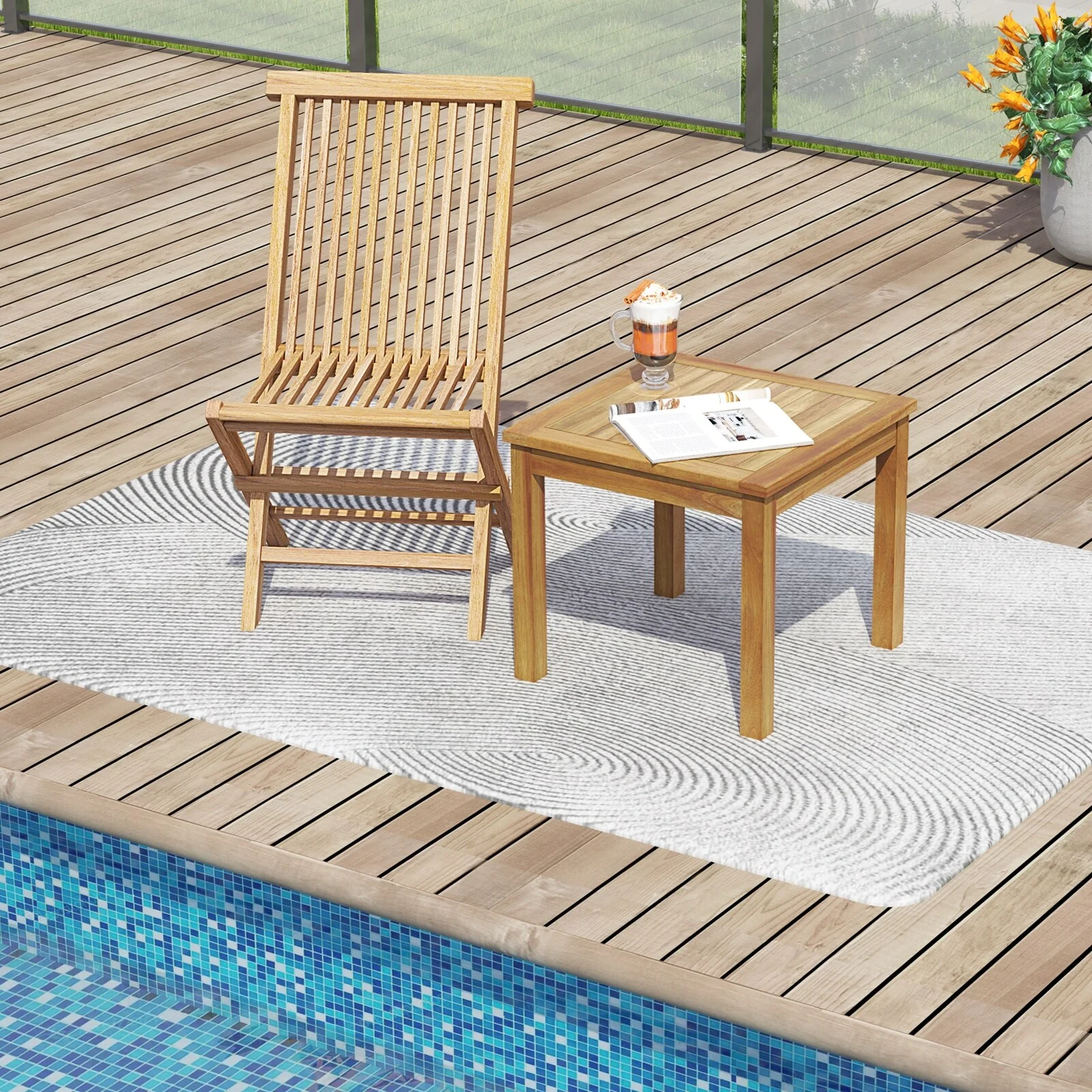 Gymax 2PCS Outdoor Square Teak Wood End Table Coffee Table for Porch