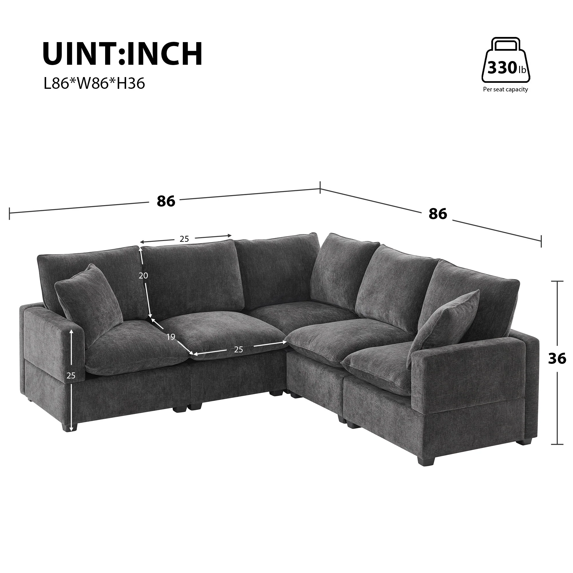 Black 84 Modular Chenille 5-Seat Corner Sectional Sofa Set with 2 Pillows, Ideal for Living Room or Apartment Use
