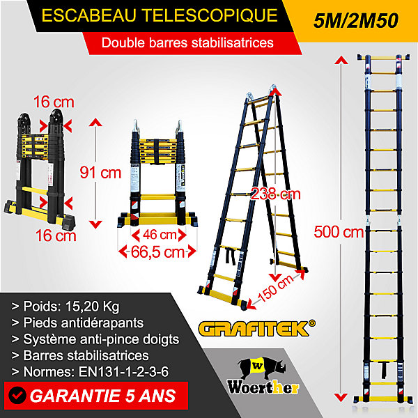 Escabeau-échelle télescopique Woerther 5m/2m50 avec double barres stabilisatrices plus patins Highblock