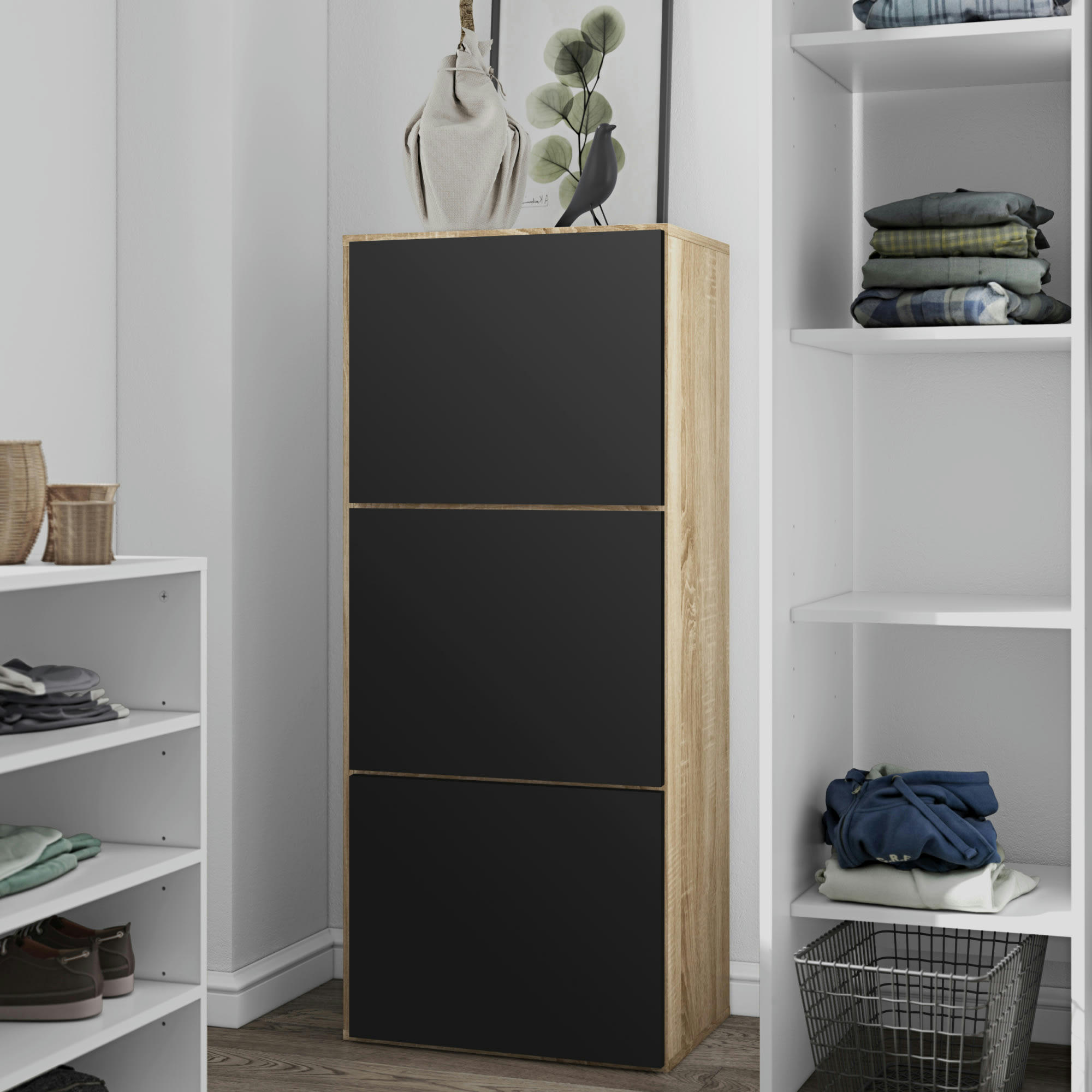 BAMBOO - Meuble à chaussures effet bois chêne naturel et noir