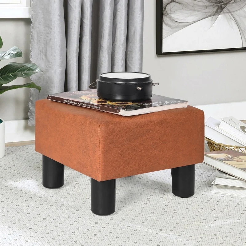 Adeco Square Footrest Stool Faux Leather Ottoman for Living Room