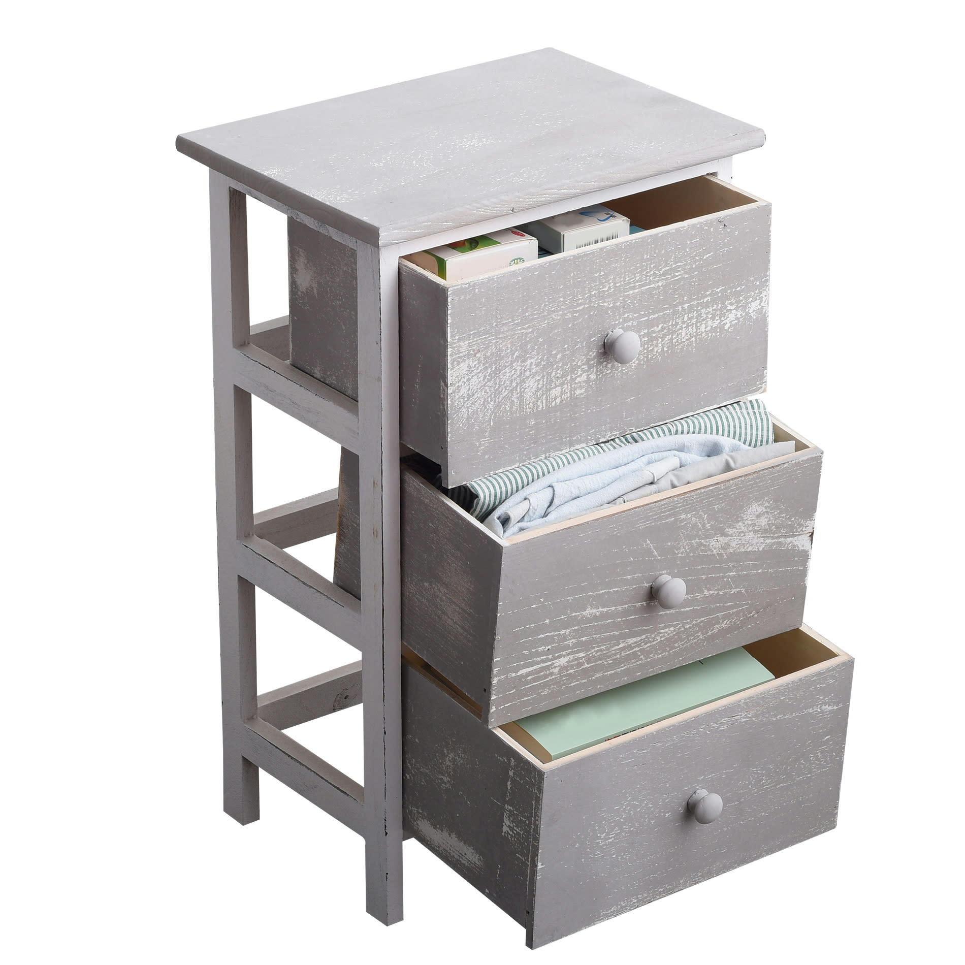 - Table de chevet avec 3 tiroirs en bois gris et blanc