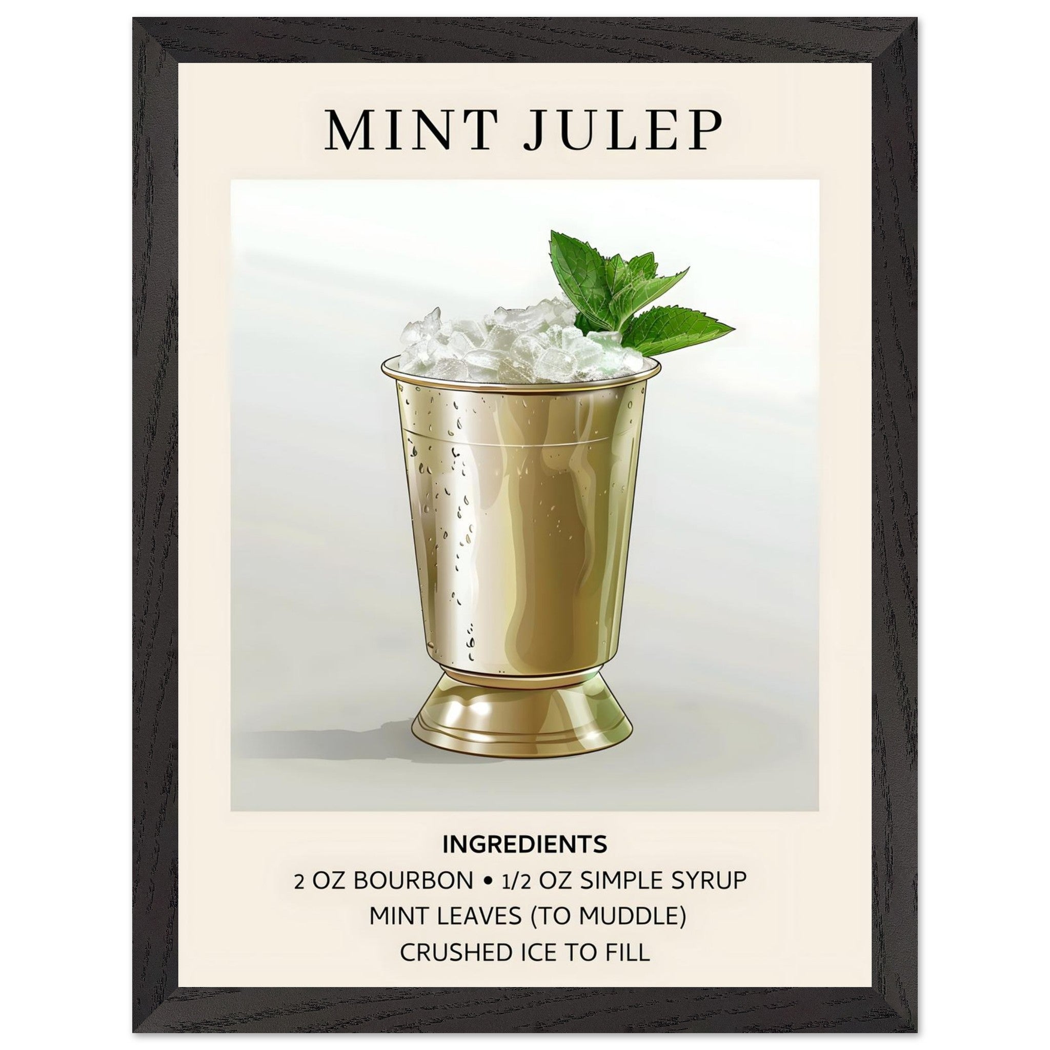 Artfulprints Poster met Lijst Mint Julep cocktail - Ingredients  - 30x40 cm - Grijs