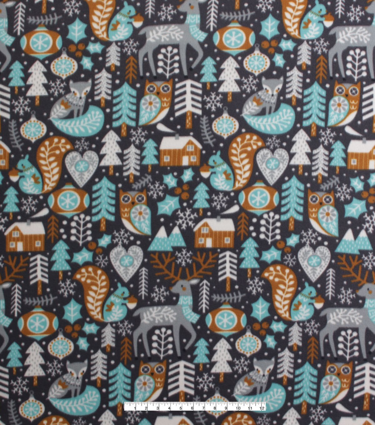 Cottages & Ornaments on Navy Blizzard Fleece Fabric