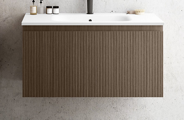 Meuble vasque suspendu plaqué noyer strié l.90 cm   plan vasque blanc brillant résine, Pura