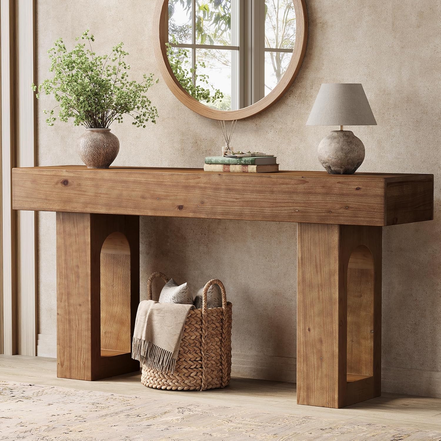 Solid Wood Console Table, 63-Inch Long Farmhouse Entryway Table, Sofa Console Behind Couch, for Foyer, Hallway, Living Room, Dark Brown