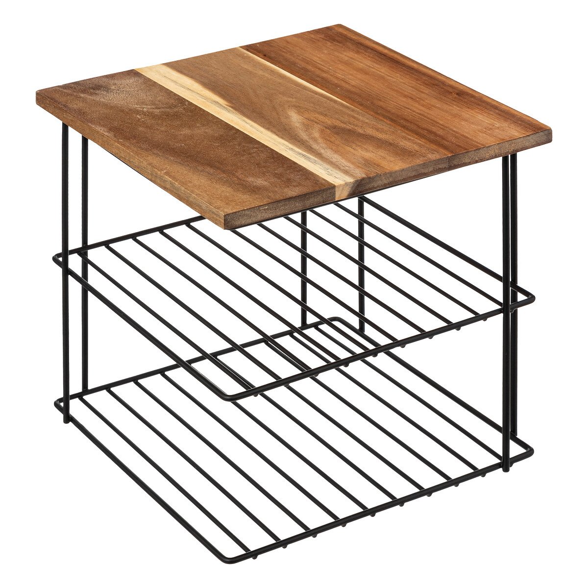 Estante com 2 níveis em ferro e madeira acácia