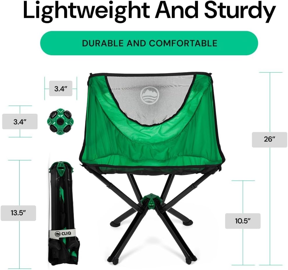 CLIQ Portable Camping Chair Version 1.0 - Lightweight Folding Chair for Camping - Supports 350 Lbs - Perfect for Outdoor Adventures - Moss