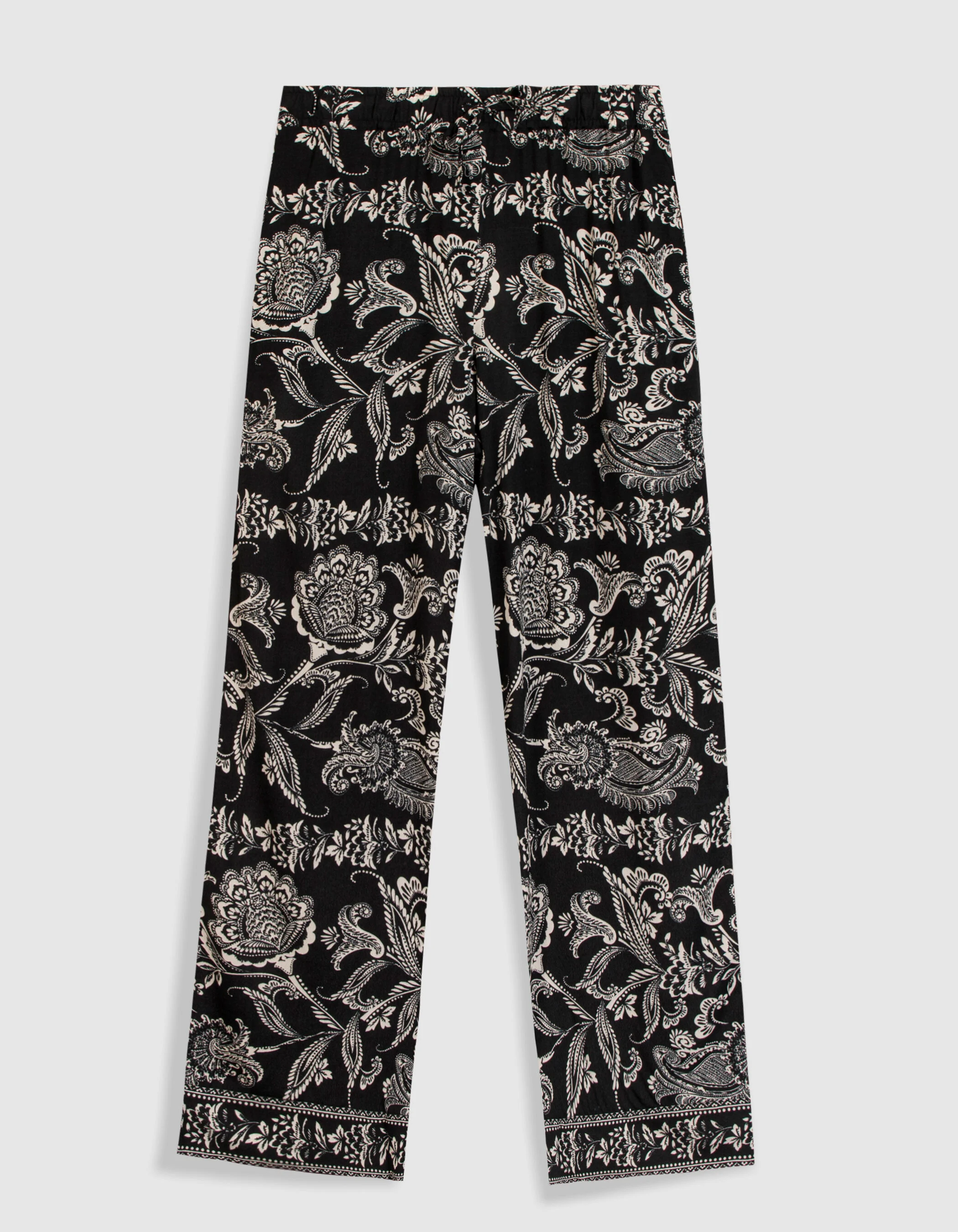 Pantalon large noire imprimé floral baroque Femme
