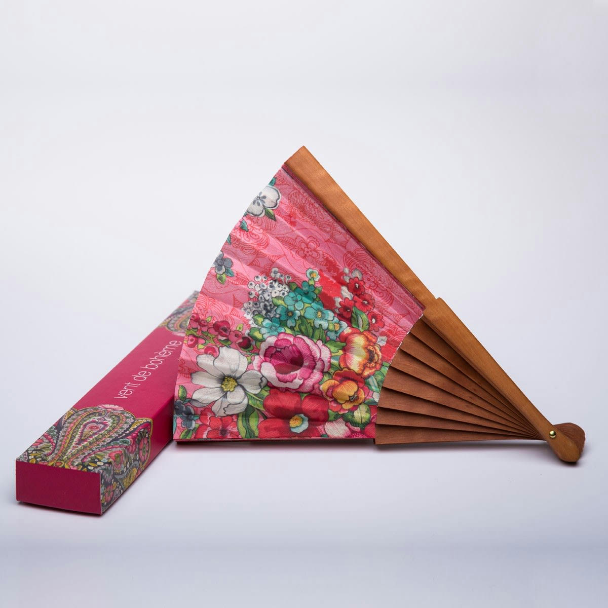 HANAMI - Éventail en bois de merisier et coton imprimé fleuri corail