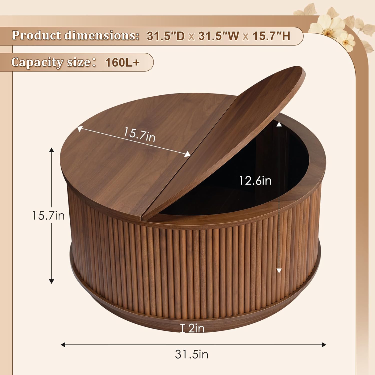 LYNCOHOME 31.5'' Fluted Flip Top Round Coffee Table with Storage, Drum Coffee Table, Modern Coffee Table for Living Room, Center Table for Living Room, Home Office, Dark Brown, Walnut