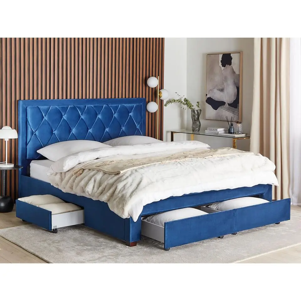 LIEVIN - Bed met opbergruimte - Blauw - 180 x 200 cm - Fluweel