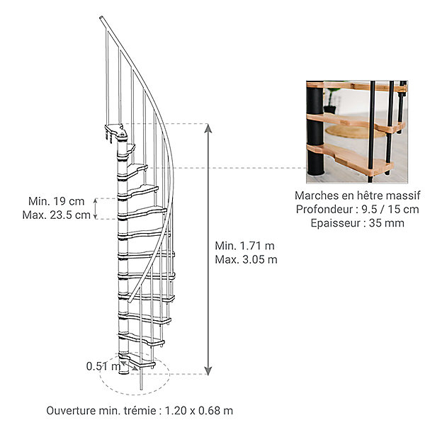 Escalier colimaçon 9 marches - Hauteur à franchir 1.90 à 2.35m - Structure blanche et marche hêtre - Diamètre 120cm - SUON120/BH-9