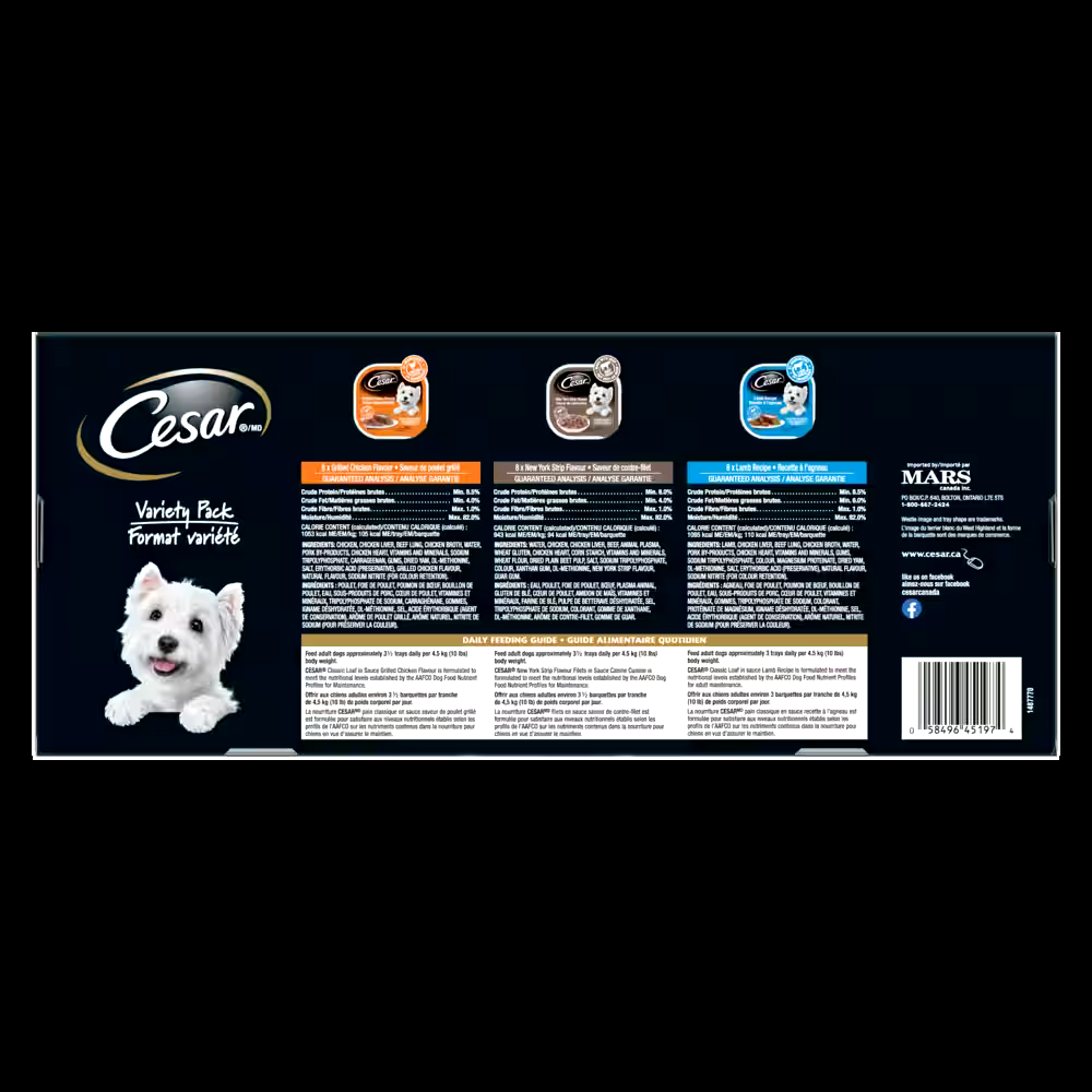 Cesar Chicken, NY StriP & Lamb Flavour Adult Wet Dog Food, 100-g, 24-Pk