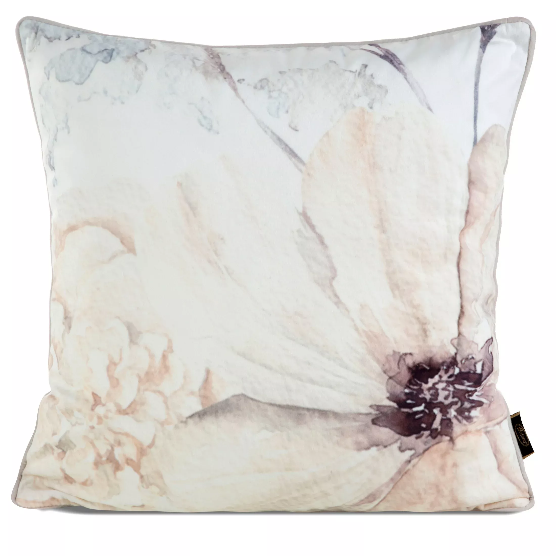 Poszewka na poduszkę 45x45 cm welwetowa, beżowo kremowa, dwustronna z motywem kwiatów VELVET 128 Eurofirany Premium