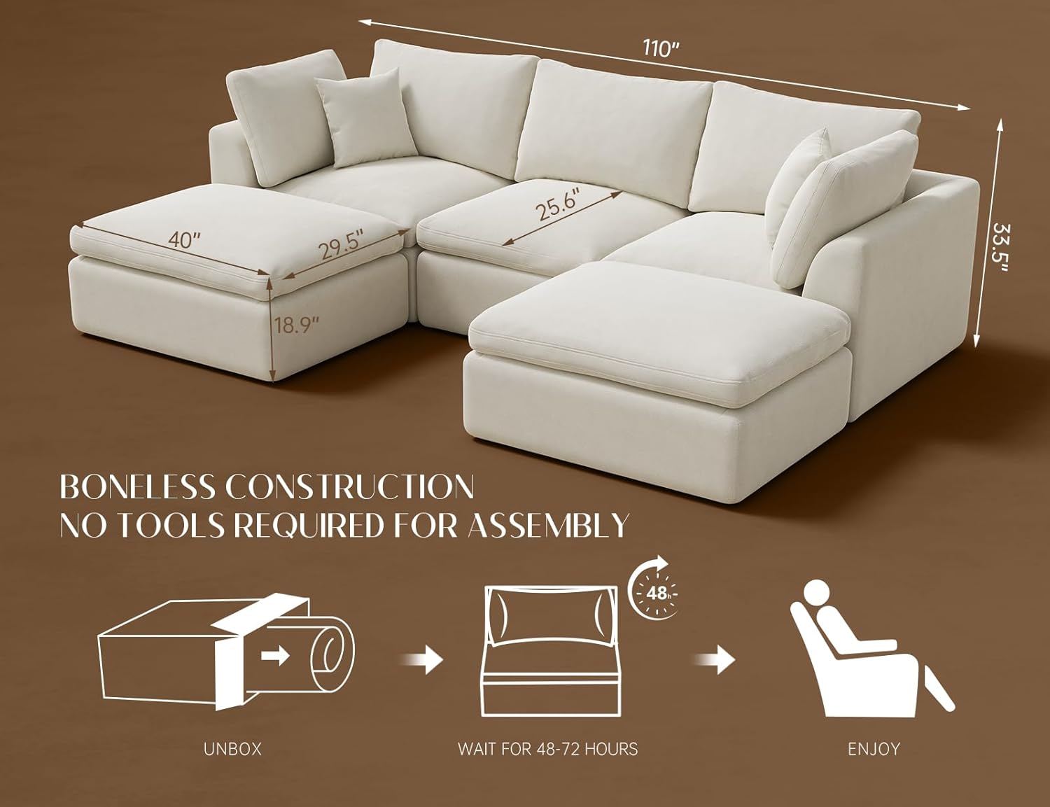 110 Cloud Sectional Couches for Living Room, Boneless U Shaped Couch with Ottoman, 3 Seater Modular Sectional Sofa, Warm White