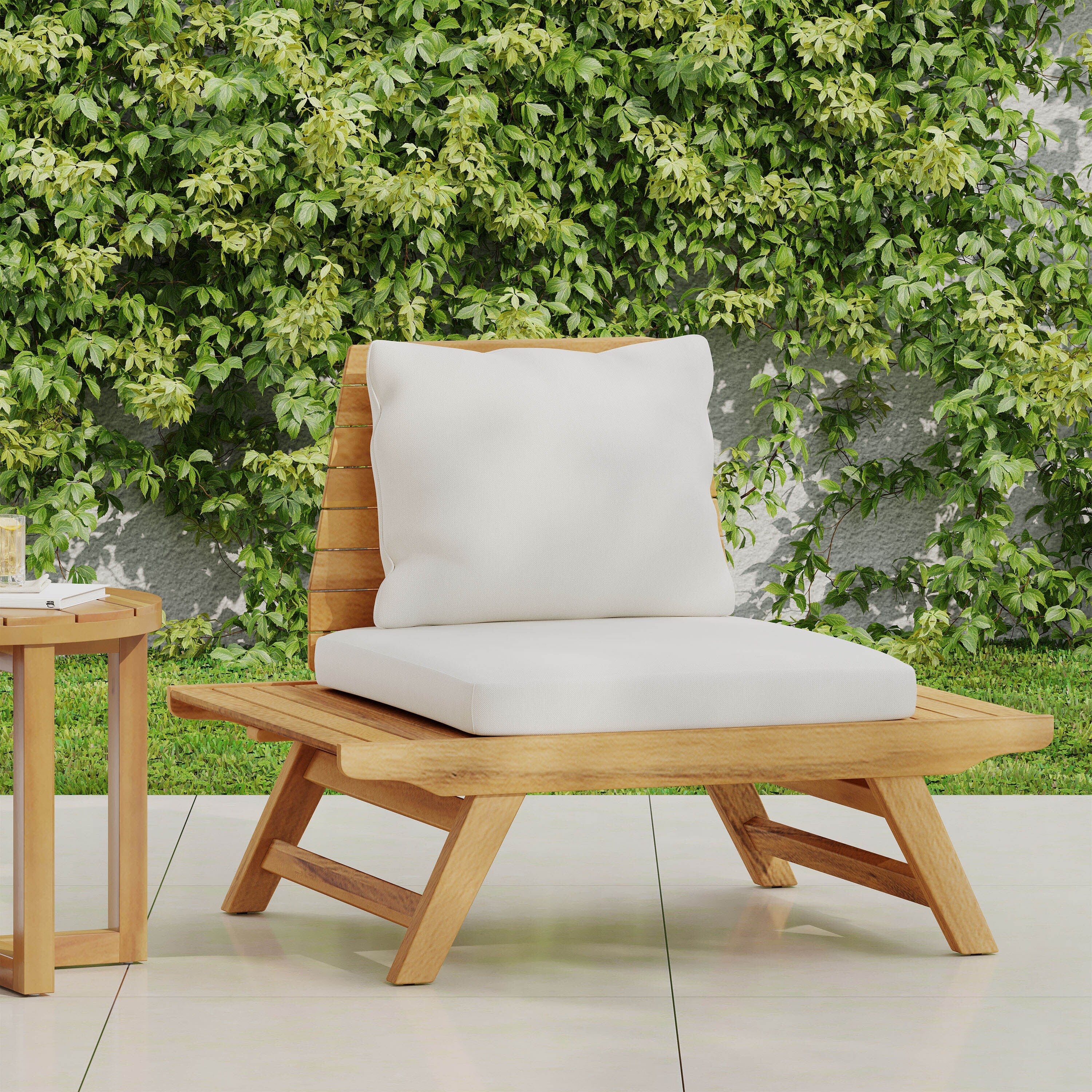 Roomfitters Modern Armless Patio Lounge Chair with Deep Cushions and Wide Acacia Base, Outdoor Seating