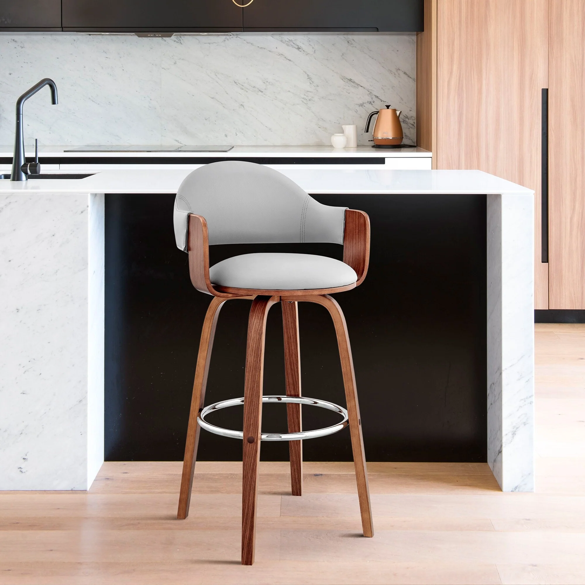 26 Rich Grey Faux Leather Walnut Wood Bar Stool