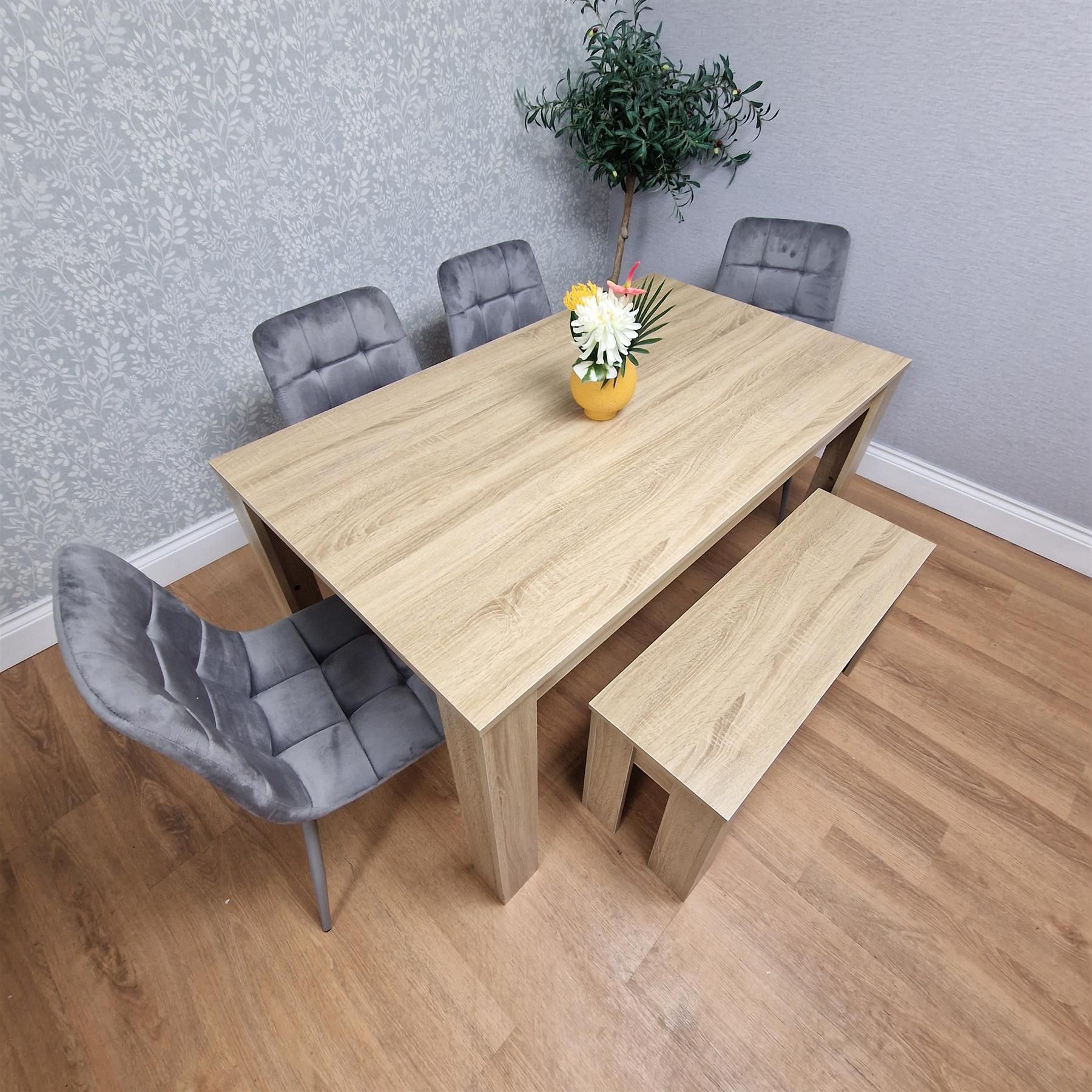 KOSY KOALA Oak Effect Dining Table Set With 4 Grey Velvet Chairs And Bench Dining Room Furniture
