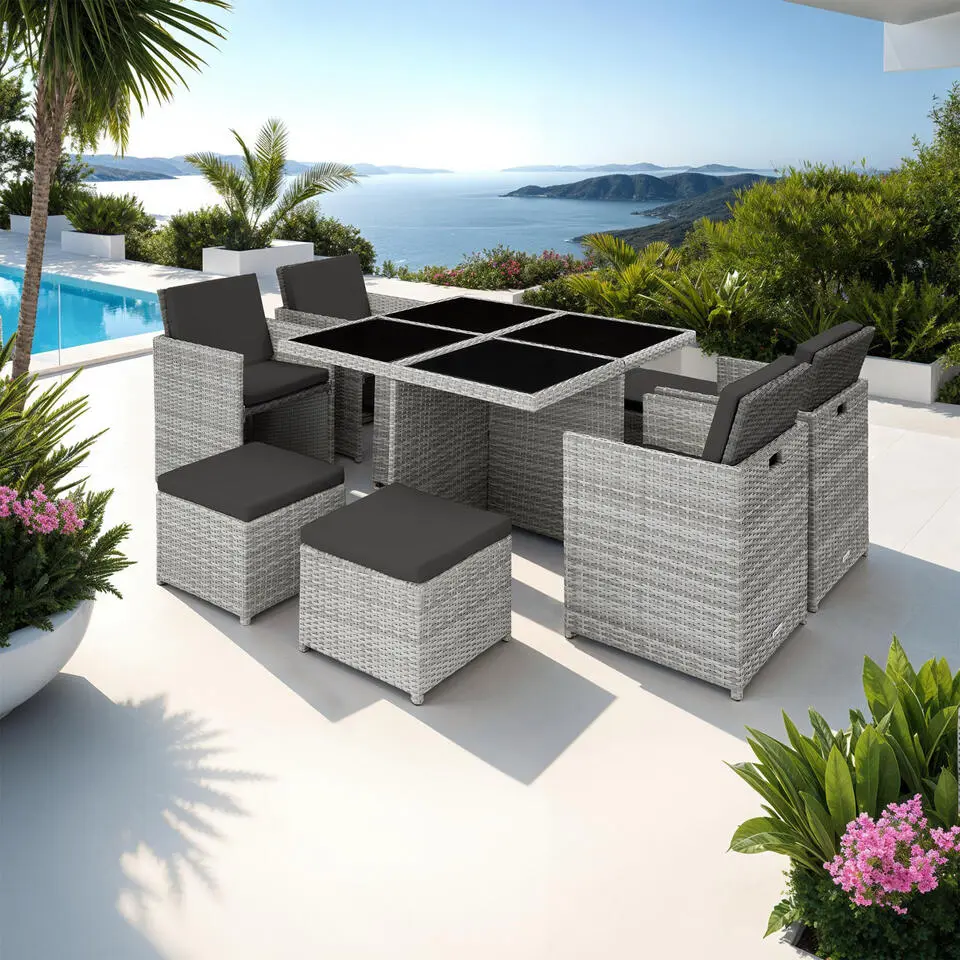 tectake Wicker tuinset Manhattan 4 4 1 met aluminium frame en beschermhoes