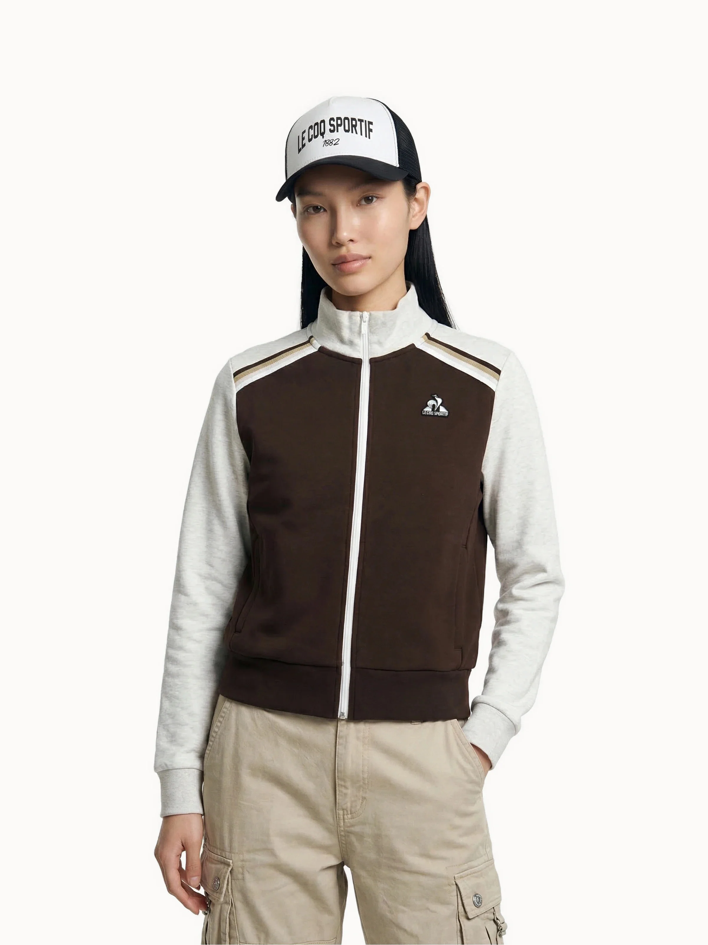 Veste zippée double face bicolore et bandes épaules tricotées
