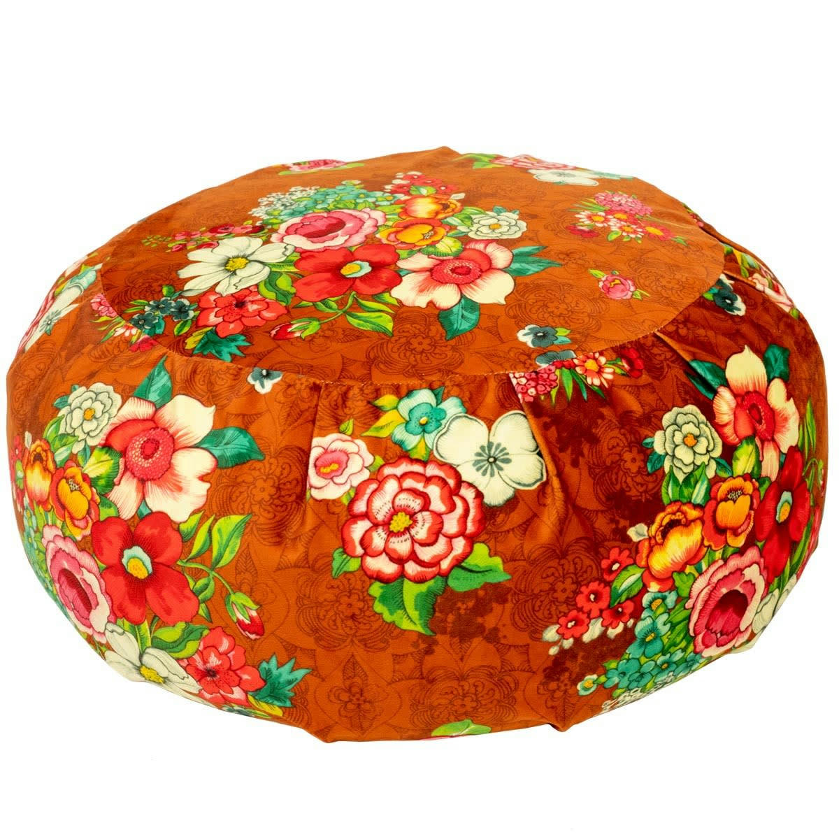 - Grand pouf rond en velours imprimé fleuri canelle h. 25cm