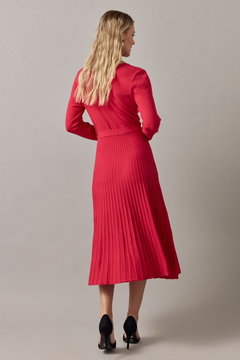 Eleanor Tie Waist Wrap Sweater Midi Dress Red