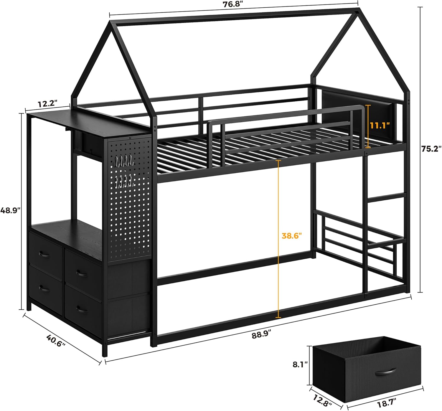 LIKIMIO Bunk Bed Twin Over Twin, House Bed Frame with 6 Storage Drawers,Hall Tree, Twin Bed with Metal Slats for Dormitory and Bedroom, Space Saving, No Box Spring Needed, Black