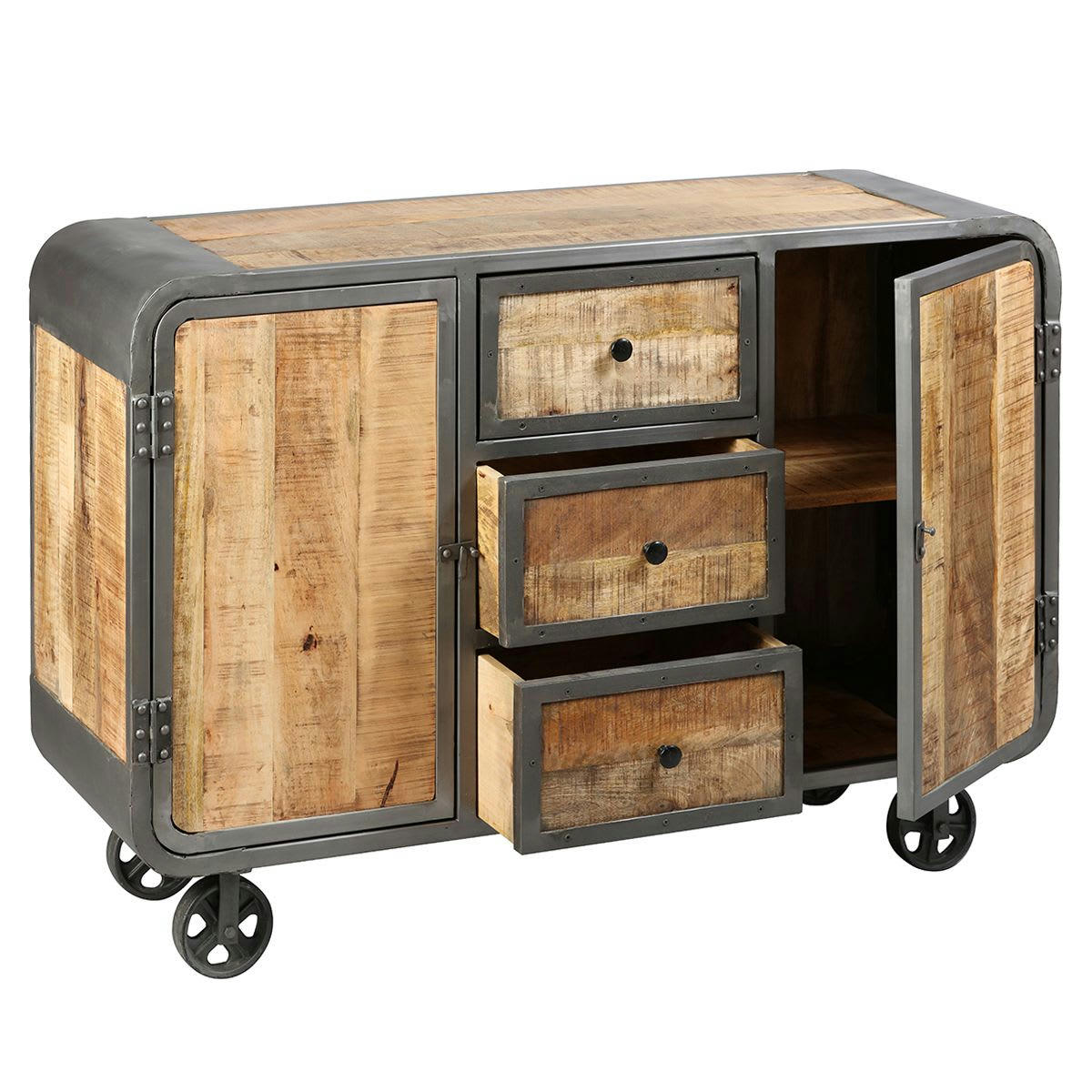 EDWIN - Buffet  2 portes 3 tiroirs acier et bois massif