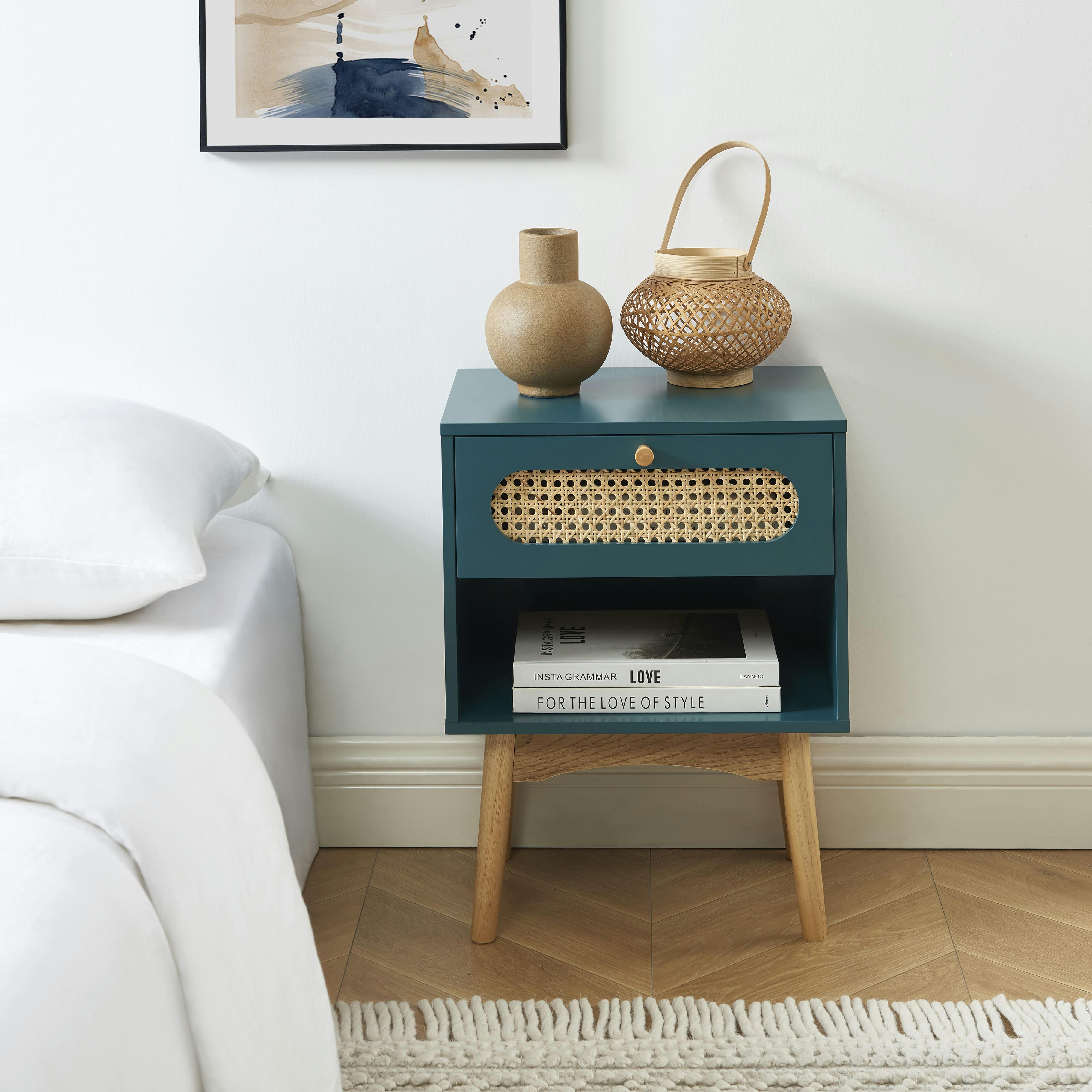 SIXTINE - Table de chevet  bleu canard et cannage rotin