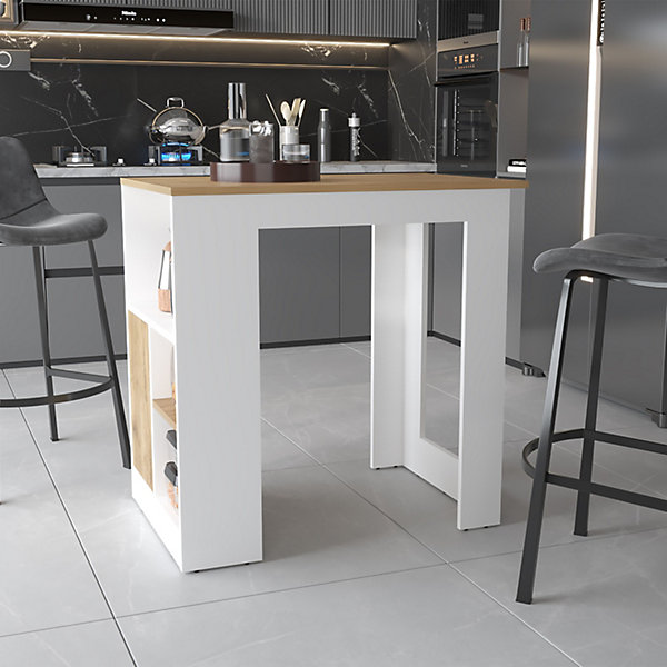 Ilot de cuisine Oviedo en mélaminé avec mini armoire 1 porte et étagères latérales , 91.28 cm X 91.99 cm X 59 cm , Multicolore